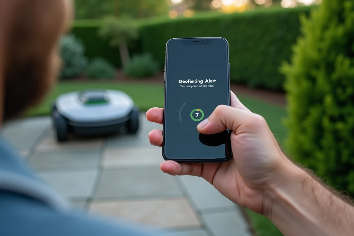 Alerte de géofencing sur smartphone pour surveiller et protéger un robot tondeuse contre le vol dans un jardin