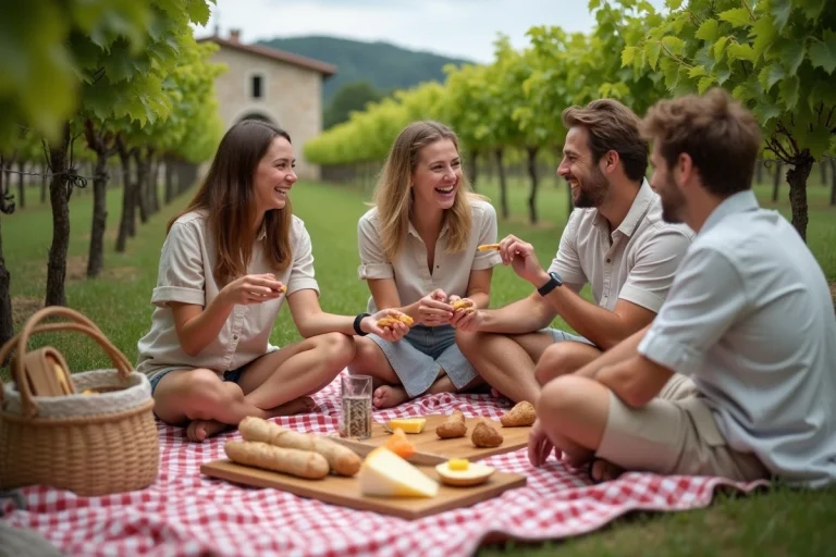 Groupe d'amis dégustant du fromage dans un vignoble français