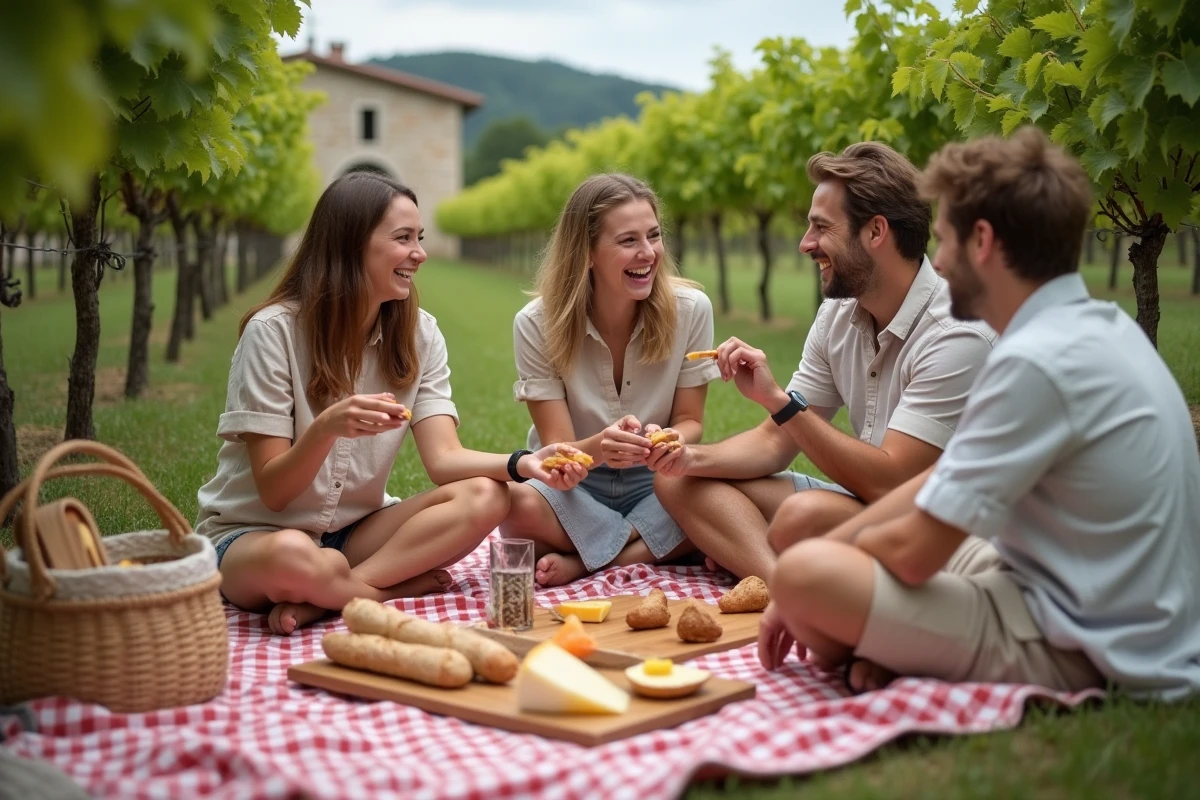 Groupe d'amis dégustant du fromage dans un vignoble français