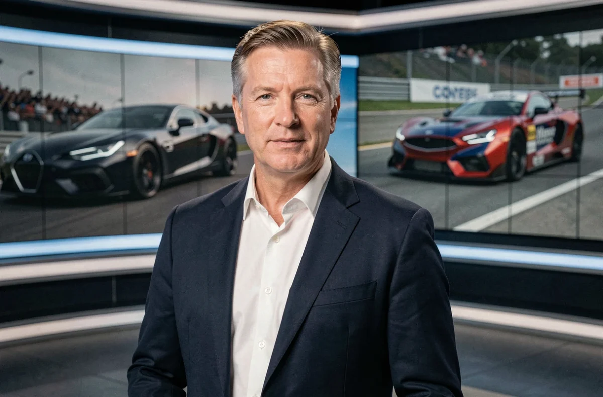 Animateur de télévision automobile dans un studio de tournage moderne avec décor thématique voitures et écrans LED