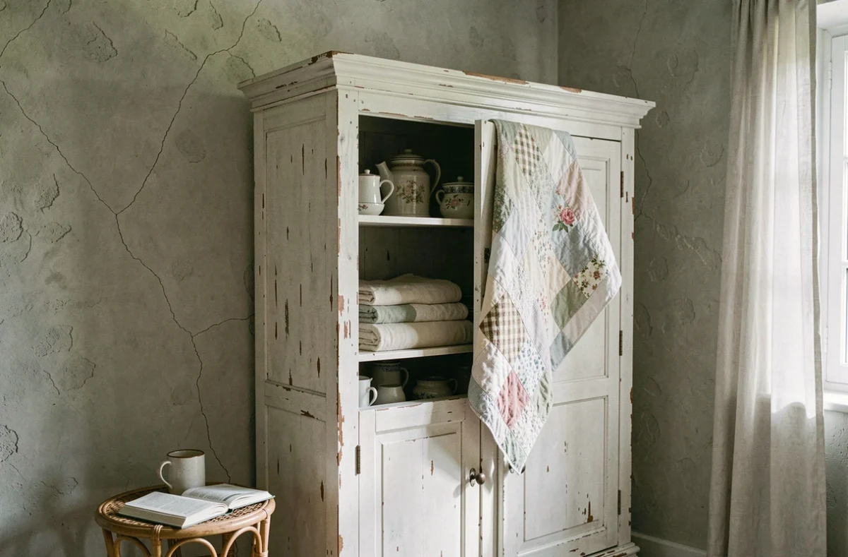 Armoire ancienne en bois patiné aux portes entrouvertes dans un salon campagnard chaleureux avec plaid en patchwork