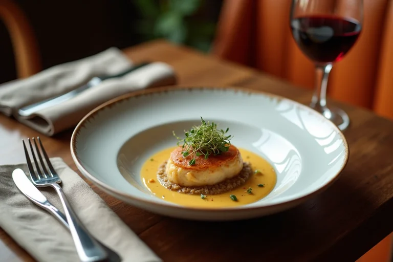 Assiette gastronomique élégamment dressée dans un restaurant chaleureux à Pessac avec sauce et herbes fraîches