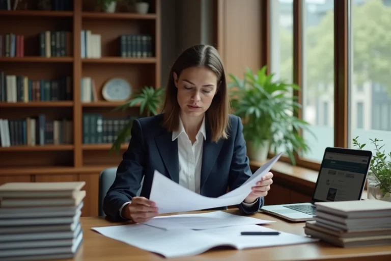 Avocate française consultant des documents juridiques sur le voyeurisme dans un bureau moderne