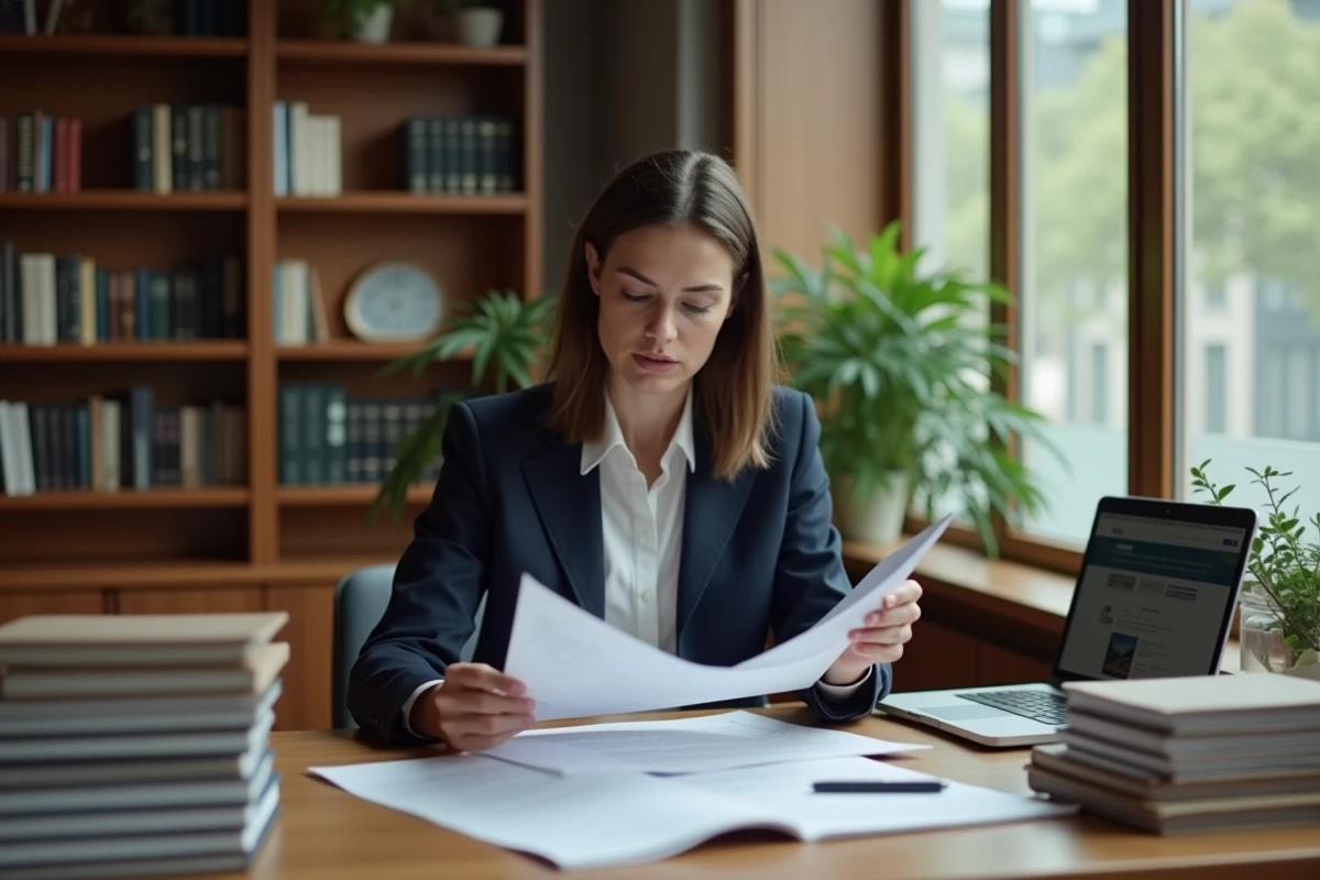 Avocate française consultant des documents juridiques sur le voyeurisme dans un bureau moderne