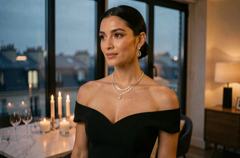 Femme élégante portant des bijoux lumineux dorés et un collier en cristal lors d'une soirée tendance à Paris