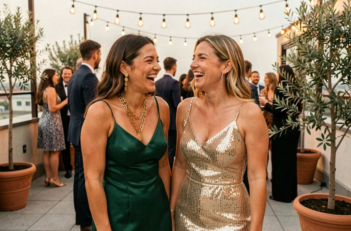 Deux femmes portant des bijoux tendance lumineux lors d'une soirée cocktail en rooftop urbain animé