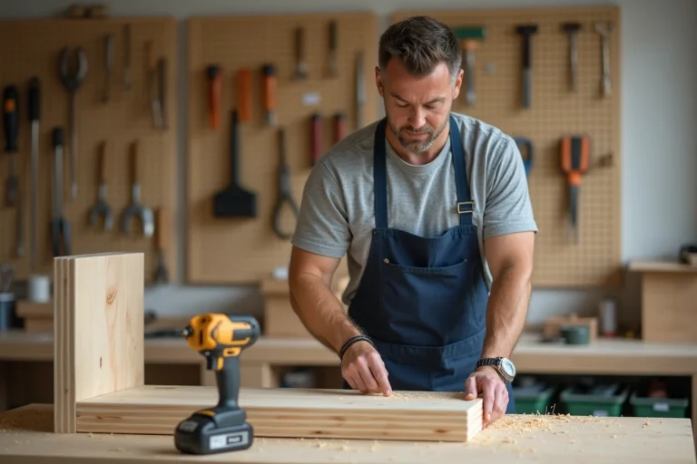 Homme bricoleur assemblant une étagère modulaire moderne dans un atelier bien organisé, tendances bricolage 2024