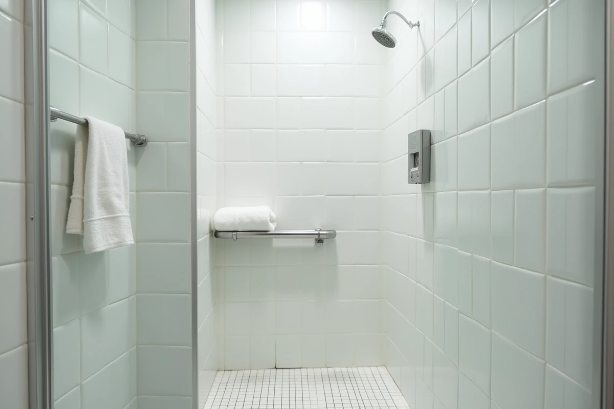 Cabine de douche propre et fonctionnelle à l'intérieur d'une aire de service sur autoroute en France
