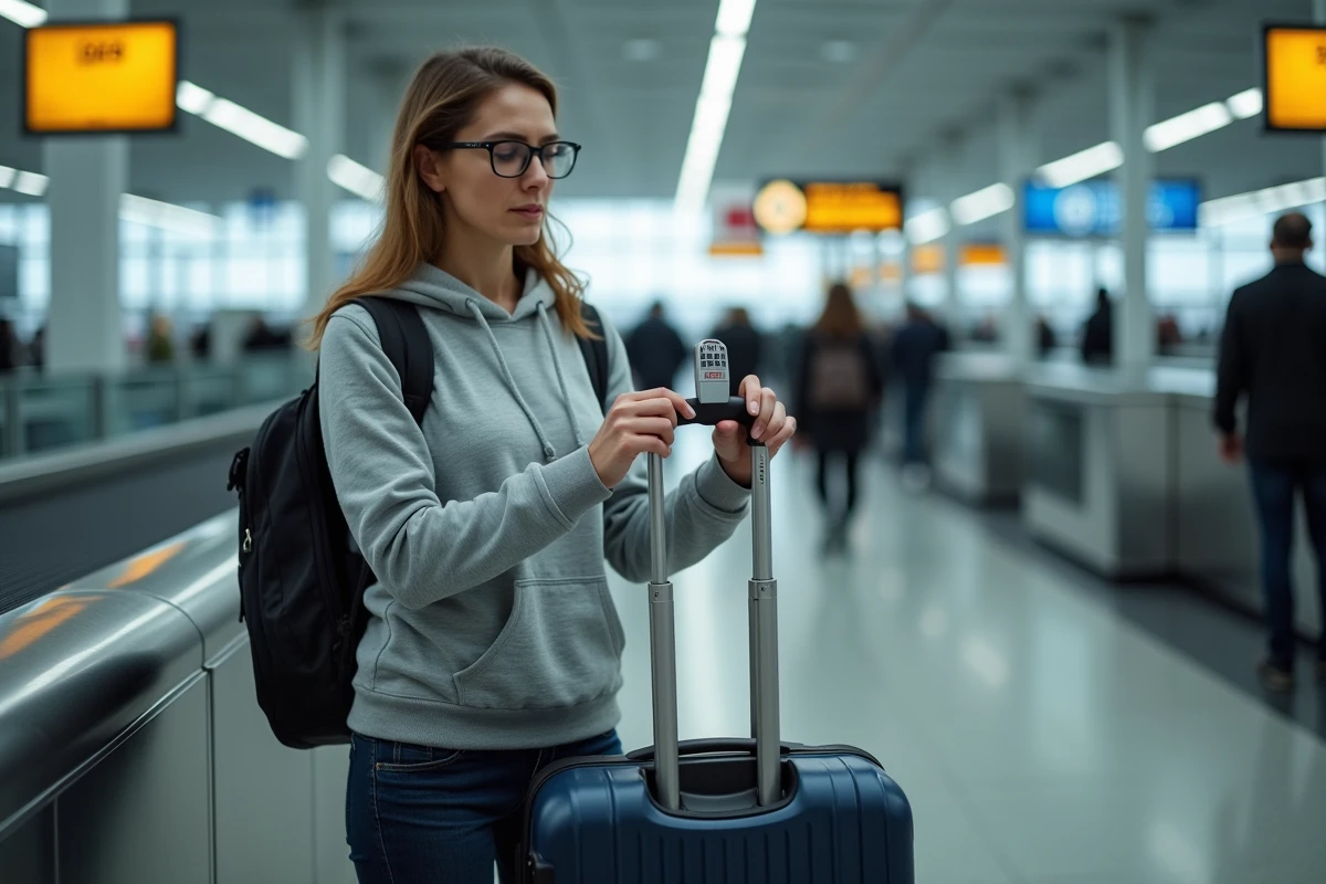 Femme à l'aéroport inspectant un cadenas TSA007 sur sa valise rigide après récupération des bagages