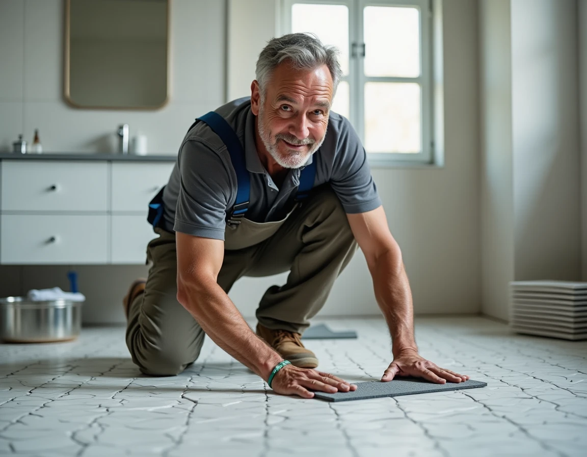 Carreleur professionnel posant du carrelage dans une salle de bain en cours de rénovation
