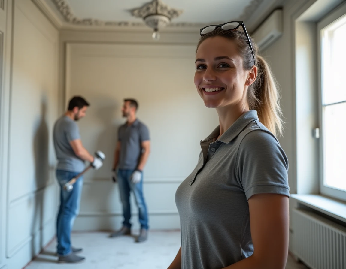 Cheffe de chantier supervisant des ouvriers lors de travaux de rénovation dans un appartement haussmannien