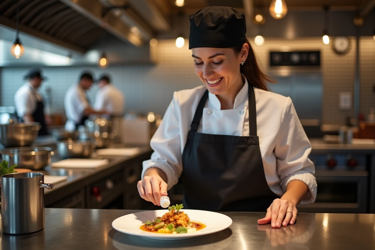 Cheffe cuisinière souriante en train de dresser une assiette dans la cuisine d'un restaurant gastronomique à Pessac
