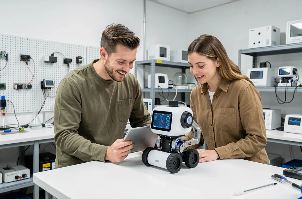 Deux chercheurs examinant un prototype de robot intelligent dans un laboratoire high-tech