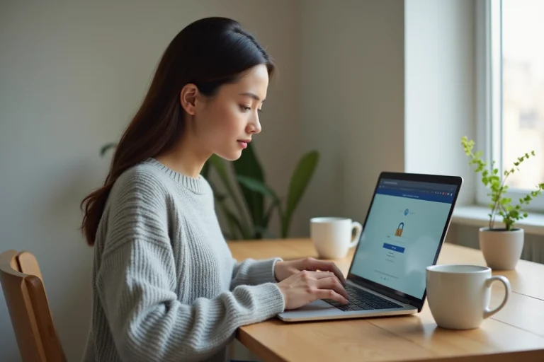 Femme connectée à son compte Book and Pay sur un ordinateur portable dans un bureau à domicile