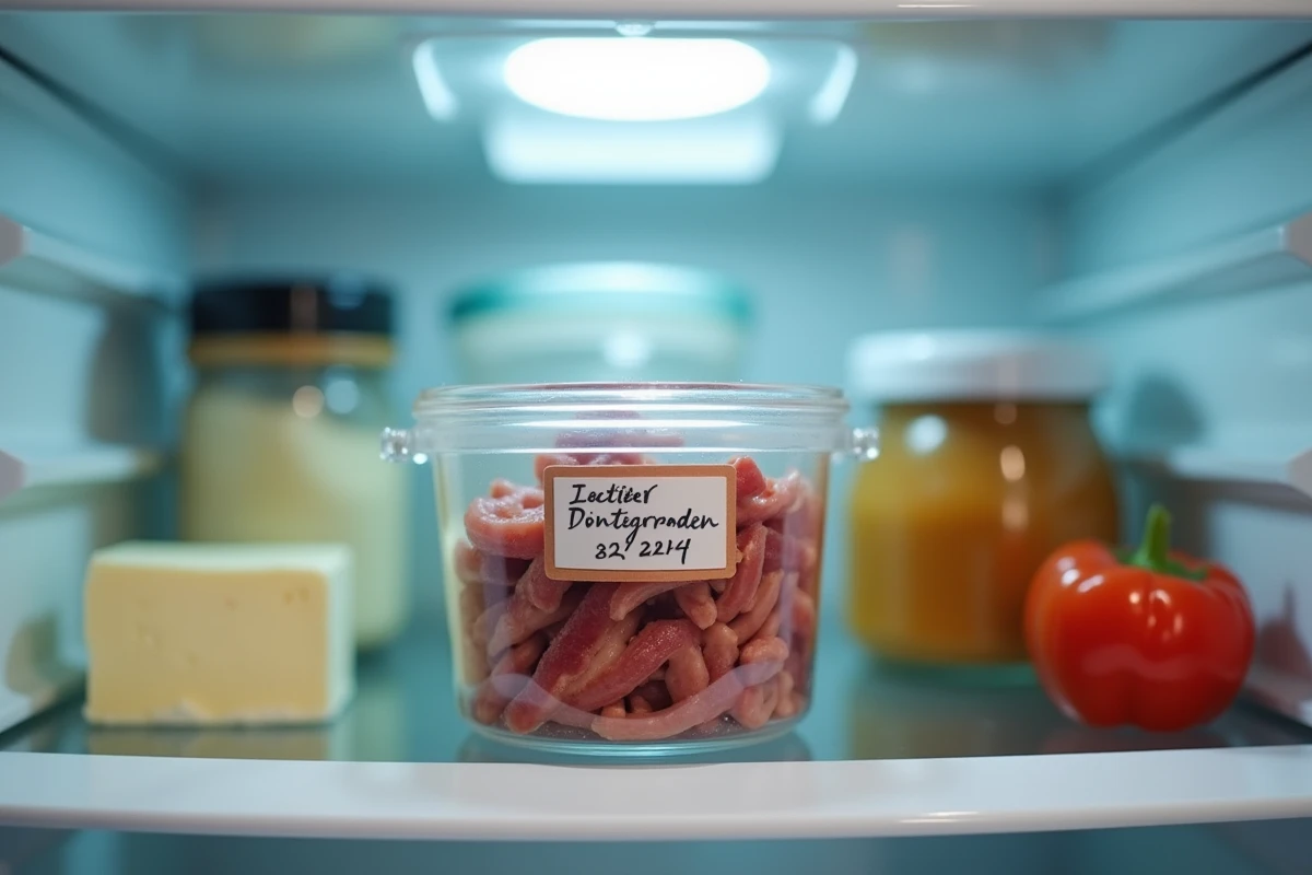 Lardons conservés dans un contenant hermétique en verre étiqueté avec une date dans un réfrigérateur bien organisé