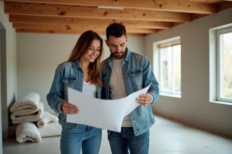 Couple en rénovation intérieure examinant des plans de construction