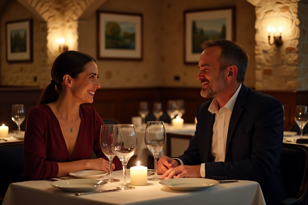 Couple élégant savourant un dîner raffiné dans la salle chaleureuse d'un restaurant à Pessac