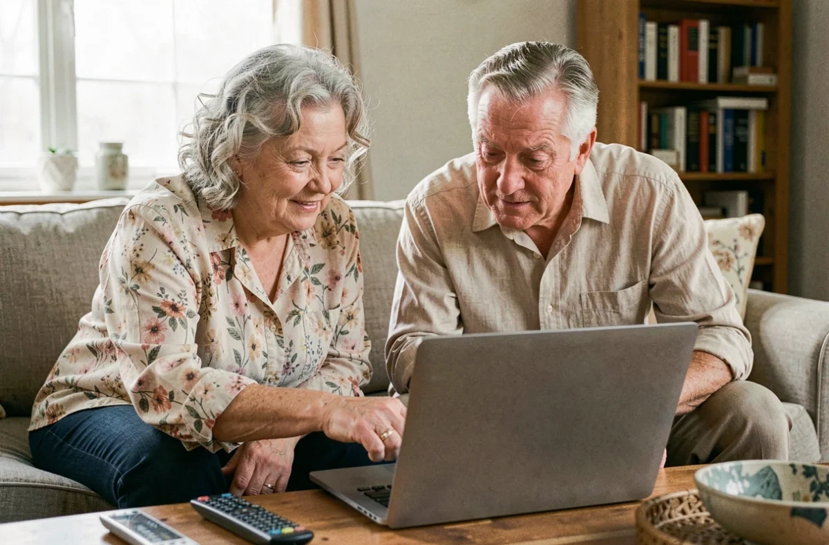 Couple de seniors découvrant ensemble des services numériques en ligne sur un ordinateur portable au salon