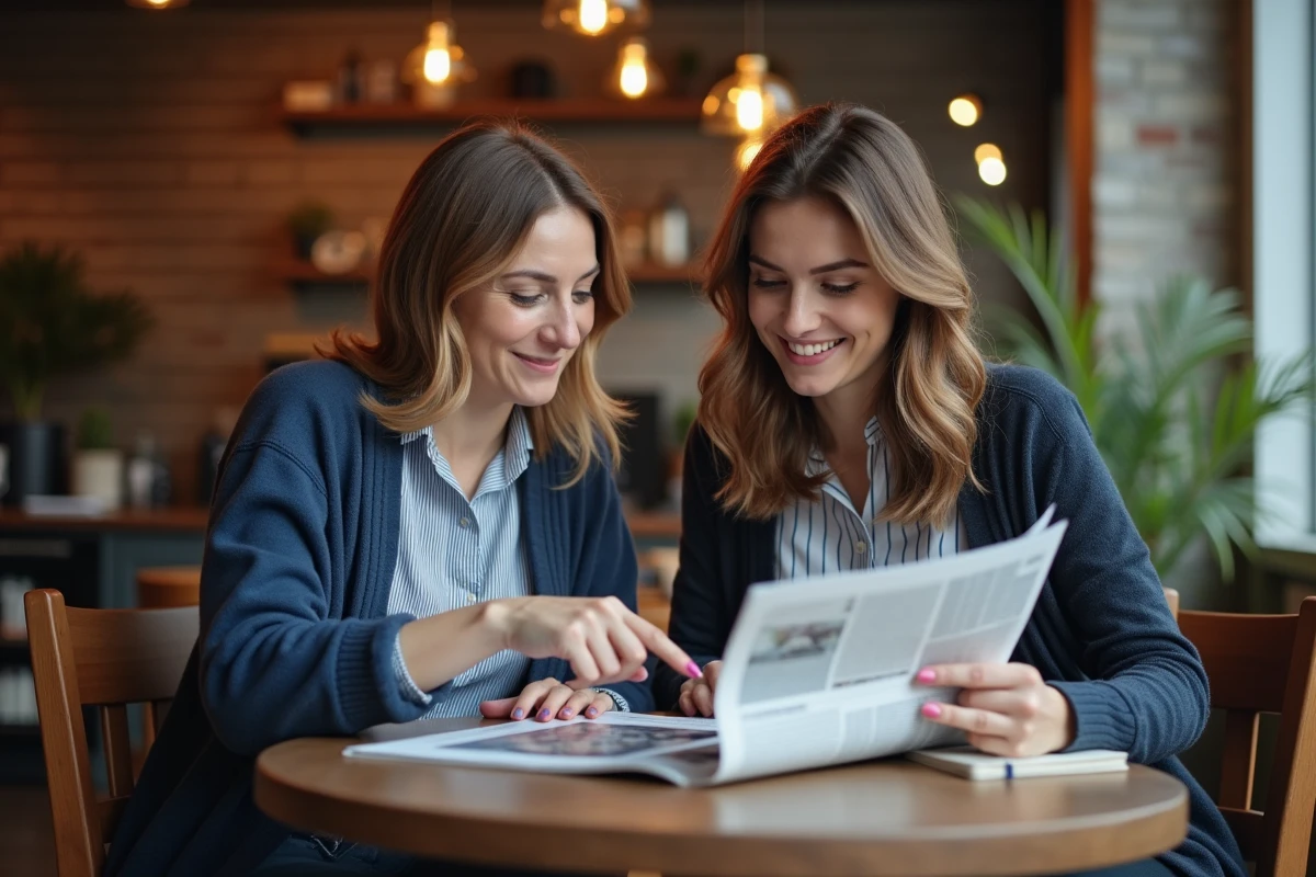 Deux femmes entrepreneurs partageant et commentant un magazine business autour d'un café dans un café urbain