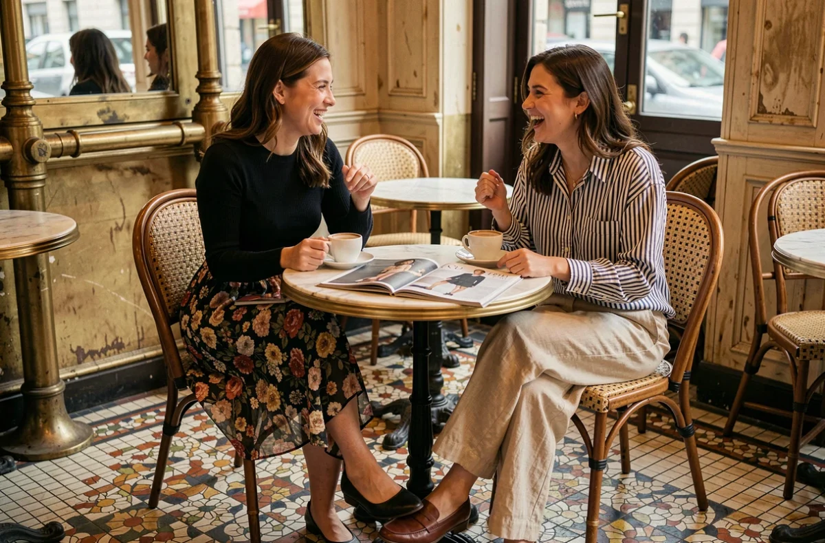 Deux femmes élégantes aux styles complémentaires discutant mode autour d'un café dans un bistrot parisien