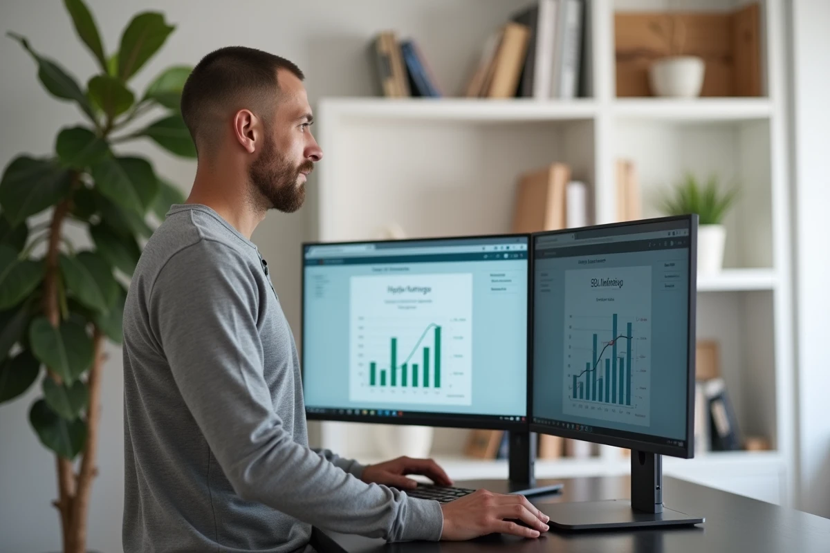 Entrepreneur masculin gérant sa stratégie de présence digitale avec des outils SEO et réseaux sociaux sur double écran