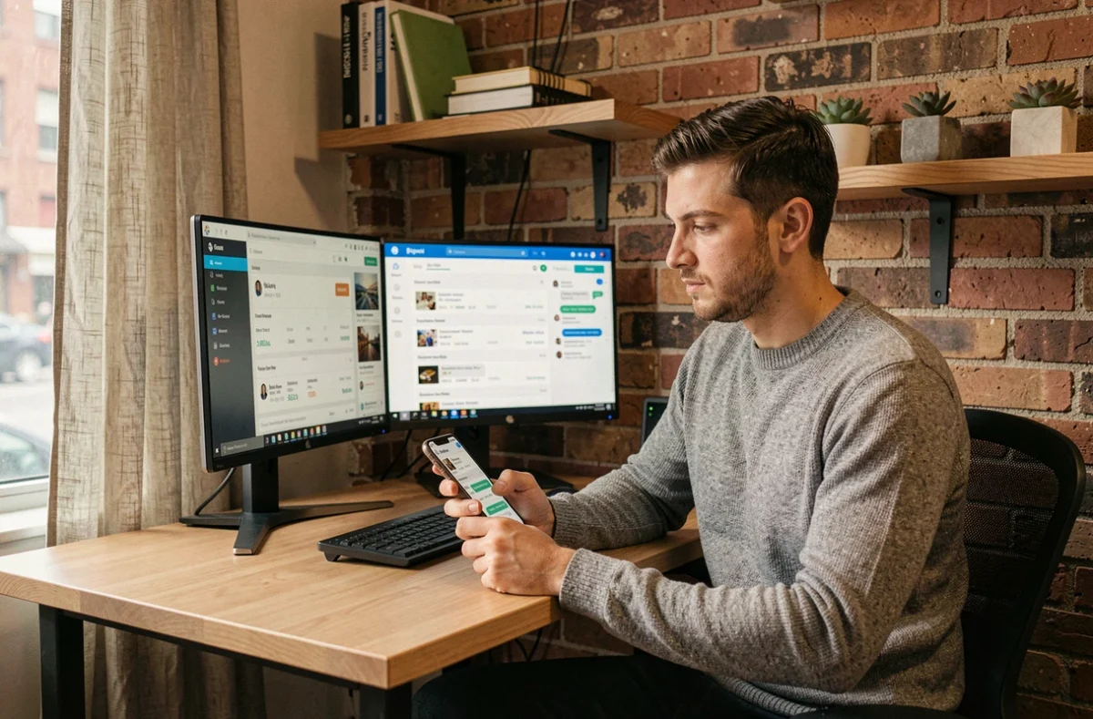 Entrepreneur travaillant depuis chez lui sur une stratégie de vente sèche en ligne avec tableau de bord e-commerce