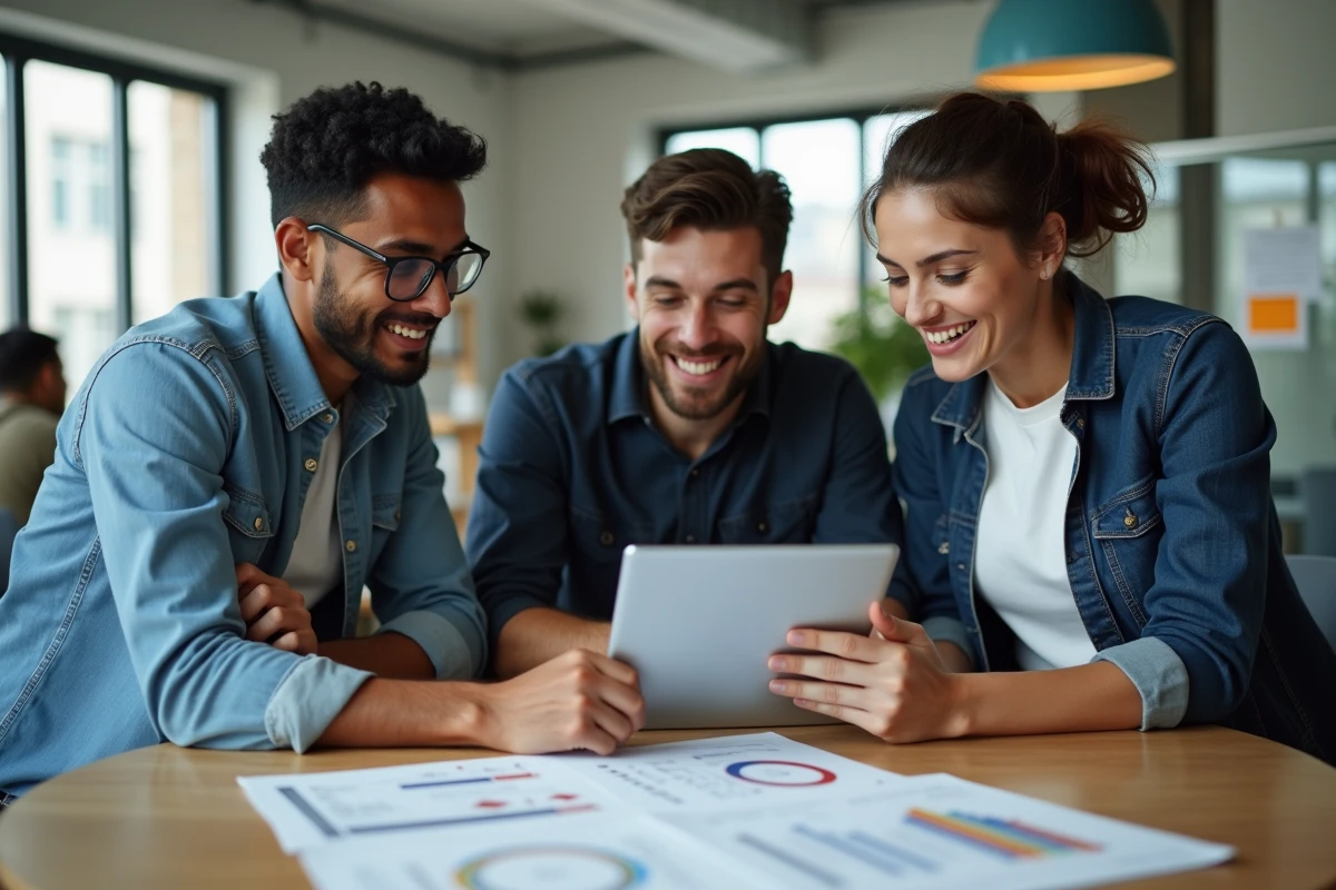 Équipe de jeunes professionnels collaborant sur des ressources et stratégies pour booster leur présence en ligne