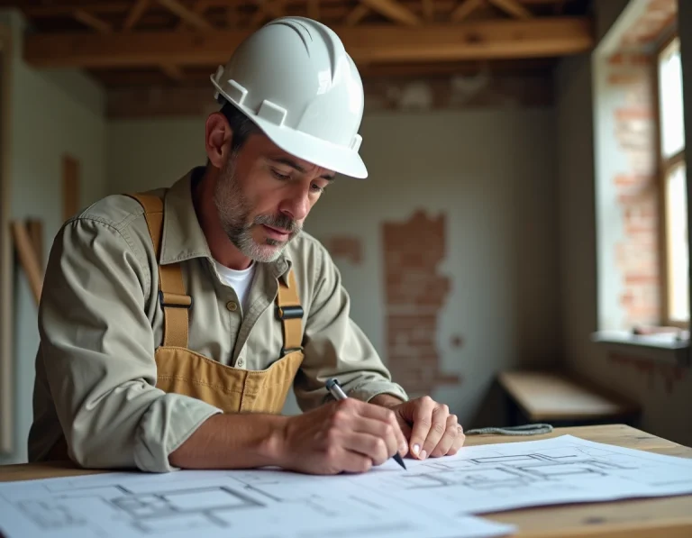 Expert en rénovation immobilière étudiant des plans architecturaux dans un appartement en cours de travaux