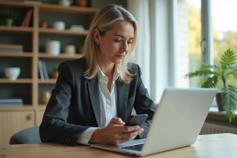 Femme d affaires au bureau regardant son écran