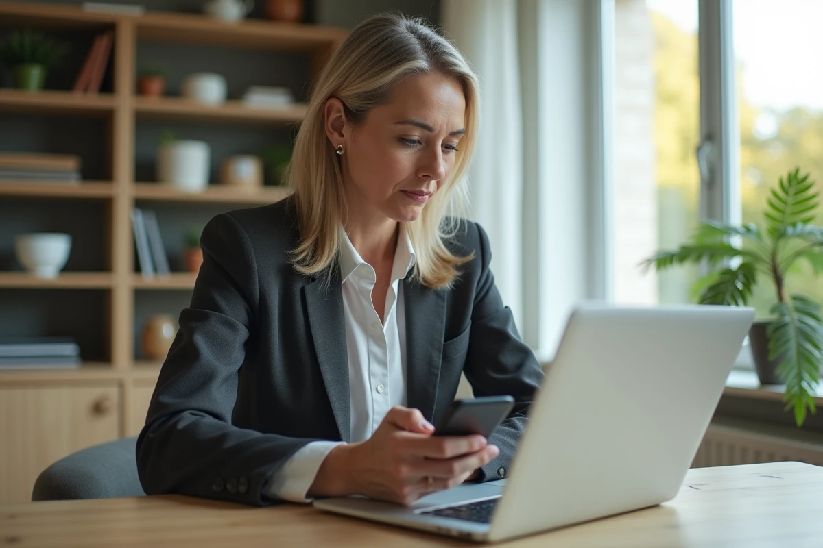 Femme d affaires au bureau regardant son écran