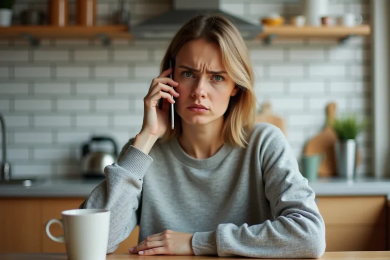 Femme appelant le service client Uber Eats depuis son appartement avec un smartphone