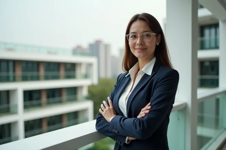 Femme d'affaires sur un balcon avec vue sur un complexe immobilier