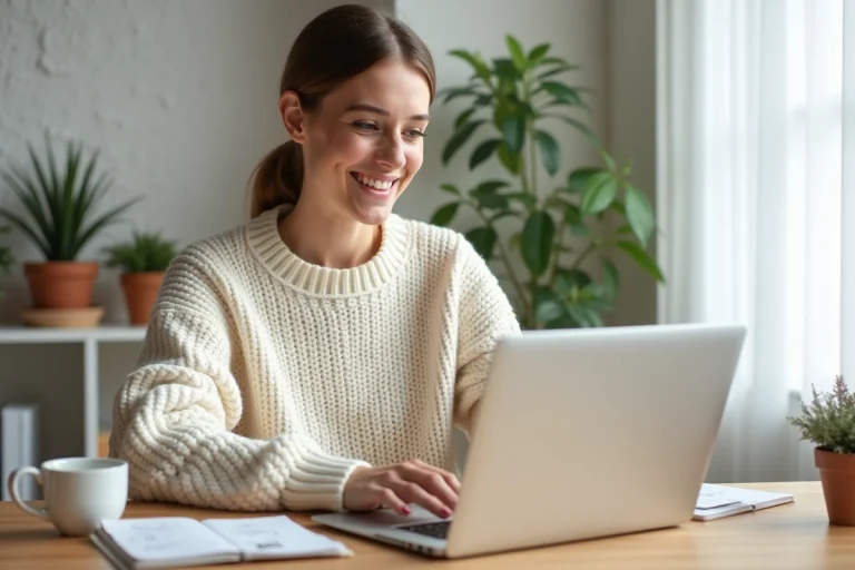 Jeune femme consultant les nouveautés d'un blog lifestyle sur son ordinateur portable dans un bureau scandinave chaleureux