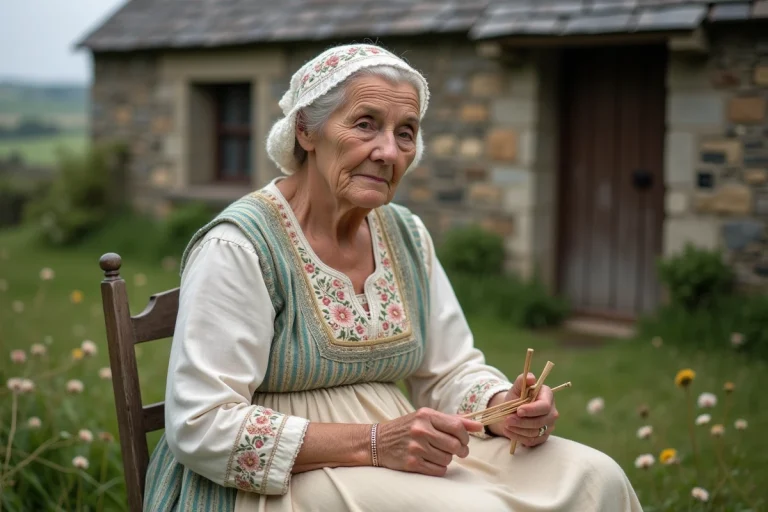 Femme bretonne âgée en costume traditionnel en train de filer la laine
