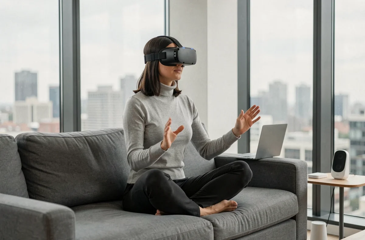 Femme utilisant un casque de réalité mixte dans un salon connecté contemporain