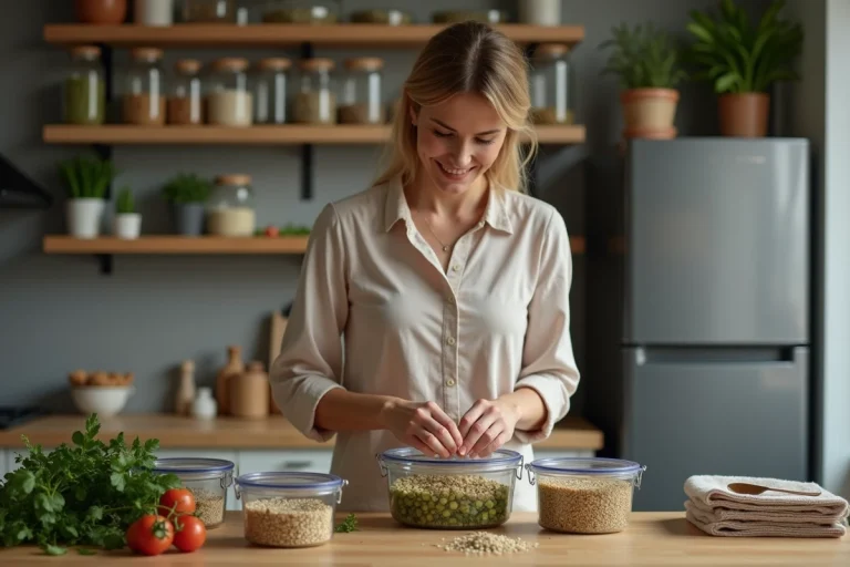 Femme préparant des contenants de tabbouleh maison dans la cuisine