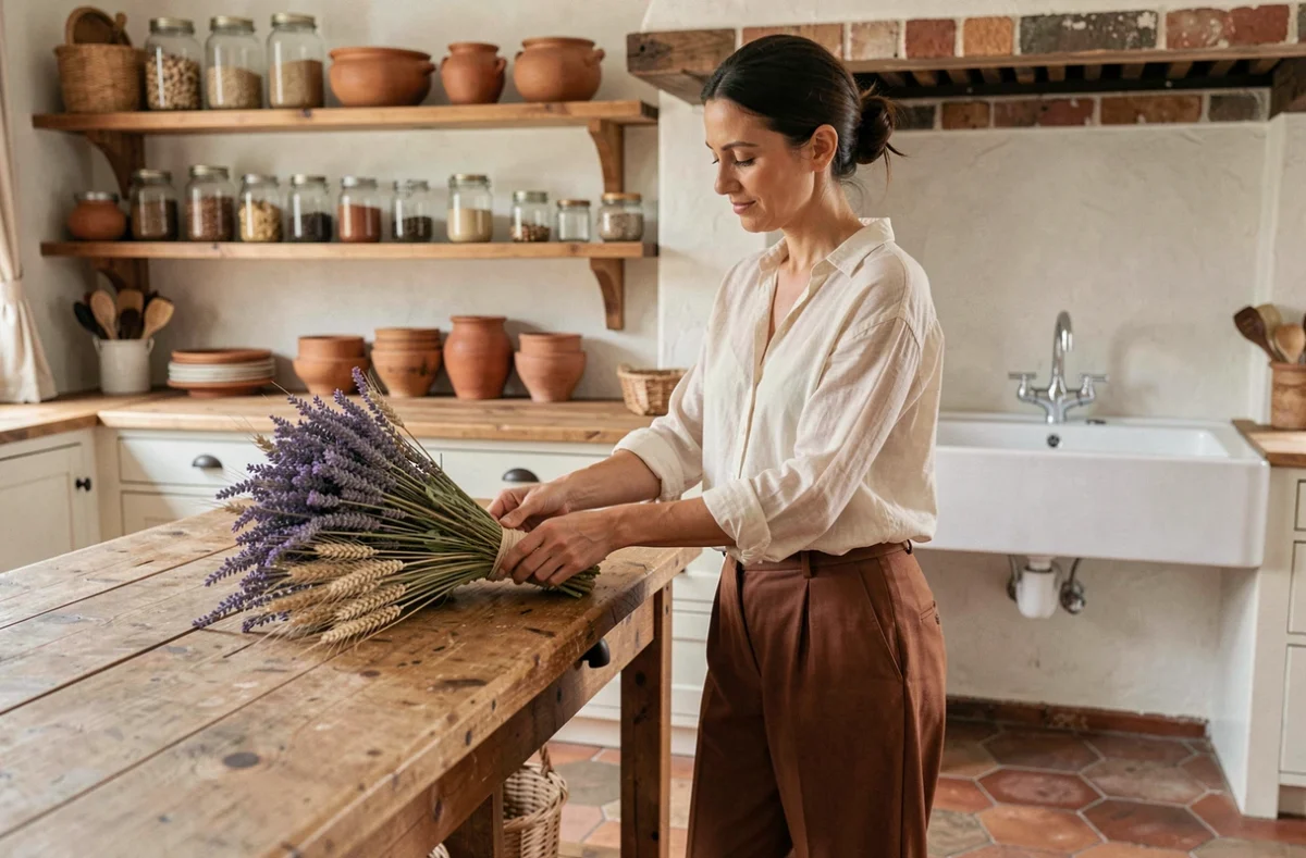 Femme arrangeant un bouquet de lavande séchée sur un plan de travail en bois brut dans une cuisine rustique française