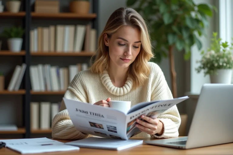 Femme entrepreneur lisant le magazine LaParentheseBusiness à son bureau à domicile avec une tasse de café