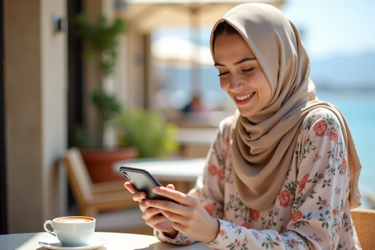 Jeune femme portant un hijab dans un café en plein air à Ajaccio, représentant la communauté musulmane installée en Corse