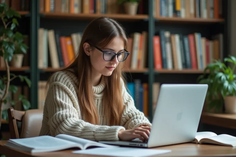 Jeune femme lisant un site scientifique à son bureau