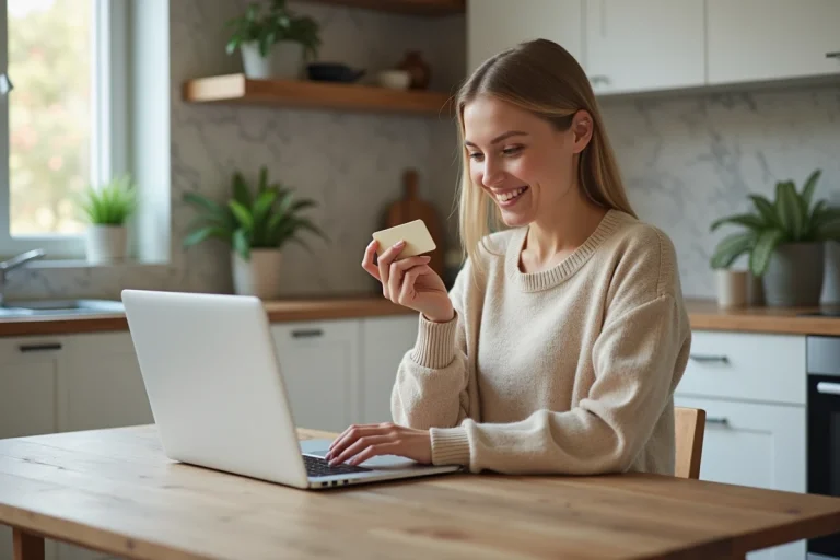 Femme souriante utilisant son ordinateur dans une cuisine chaleureuse