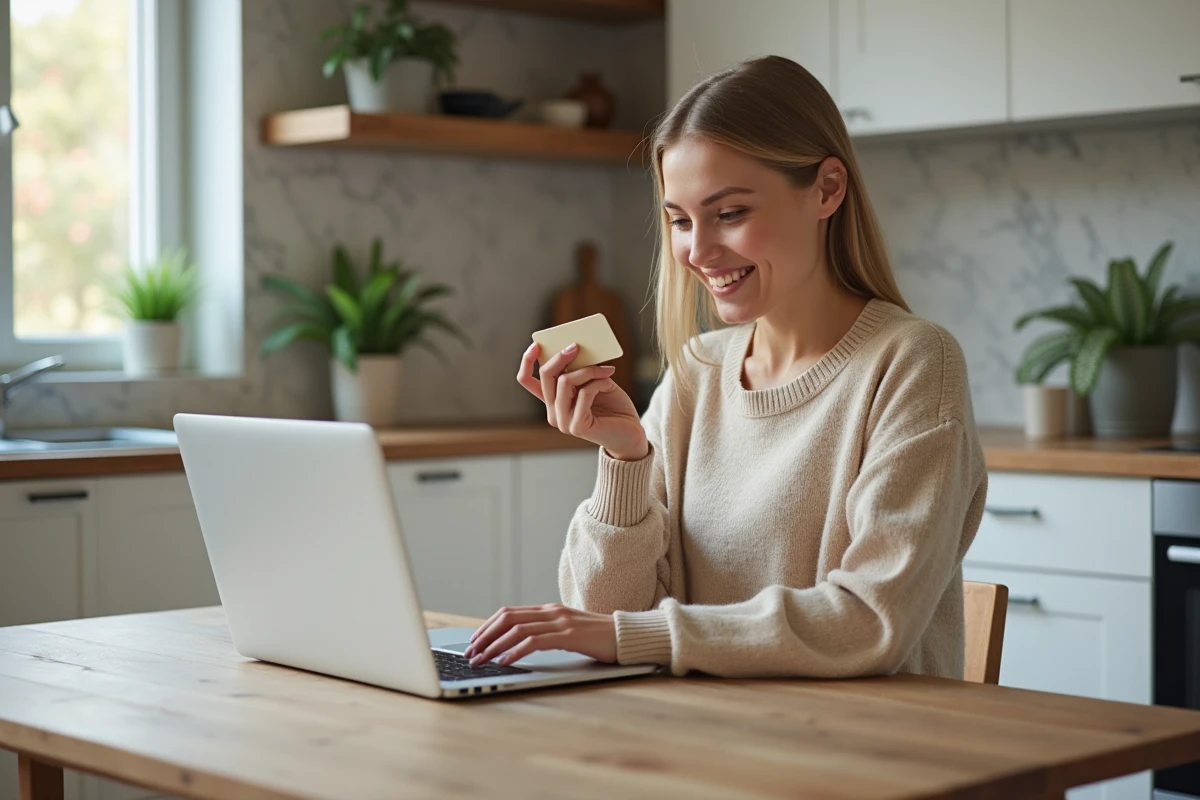Femme souriante utilisant son ordinateur dans une cuisine chaleureuse