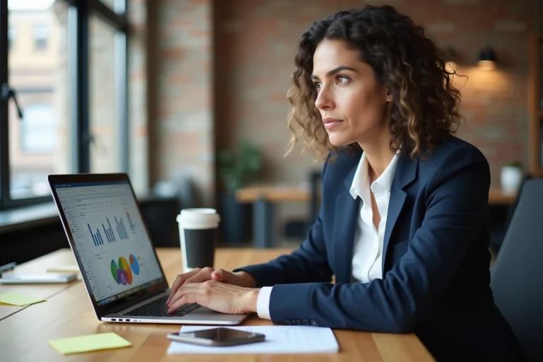 Femme professionnelle analysant des outils de présence en ligne sur son ordinateur portable dans un espace de coworking moderne