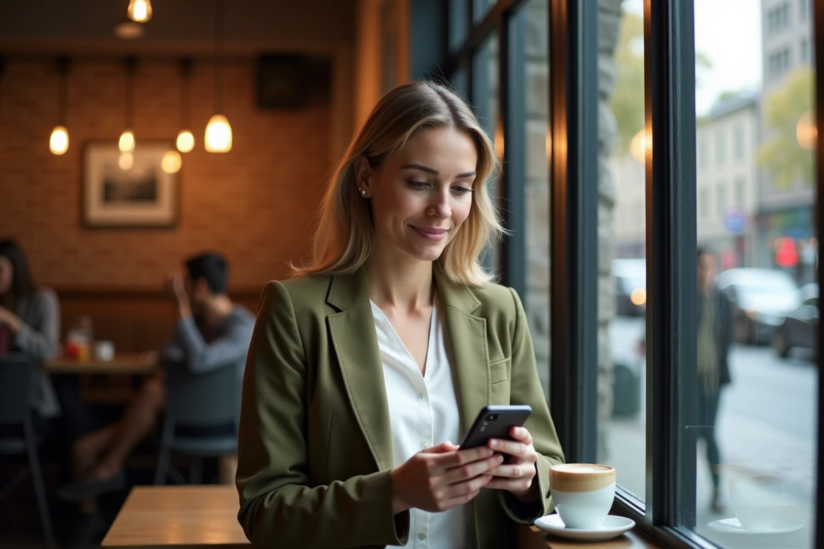 Femme parcourant les actualités d'un blog sur son smartphone dans un café urbain chaleureux avec mur en briques apparentes