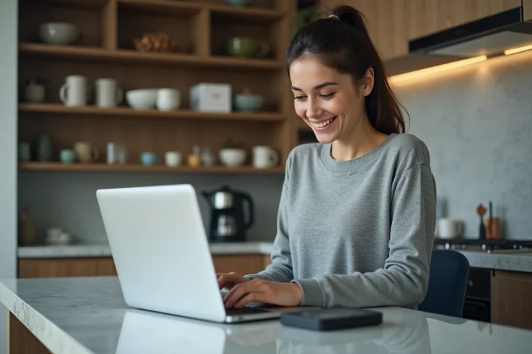 Jeune femme souriante utilisant un ordinateur portable dans sa cuisine