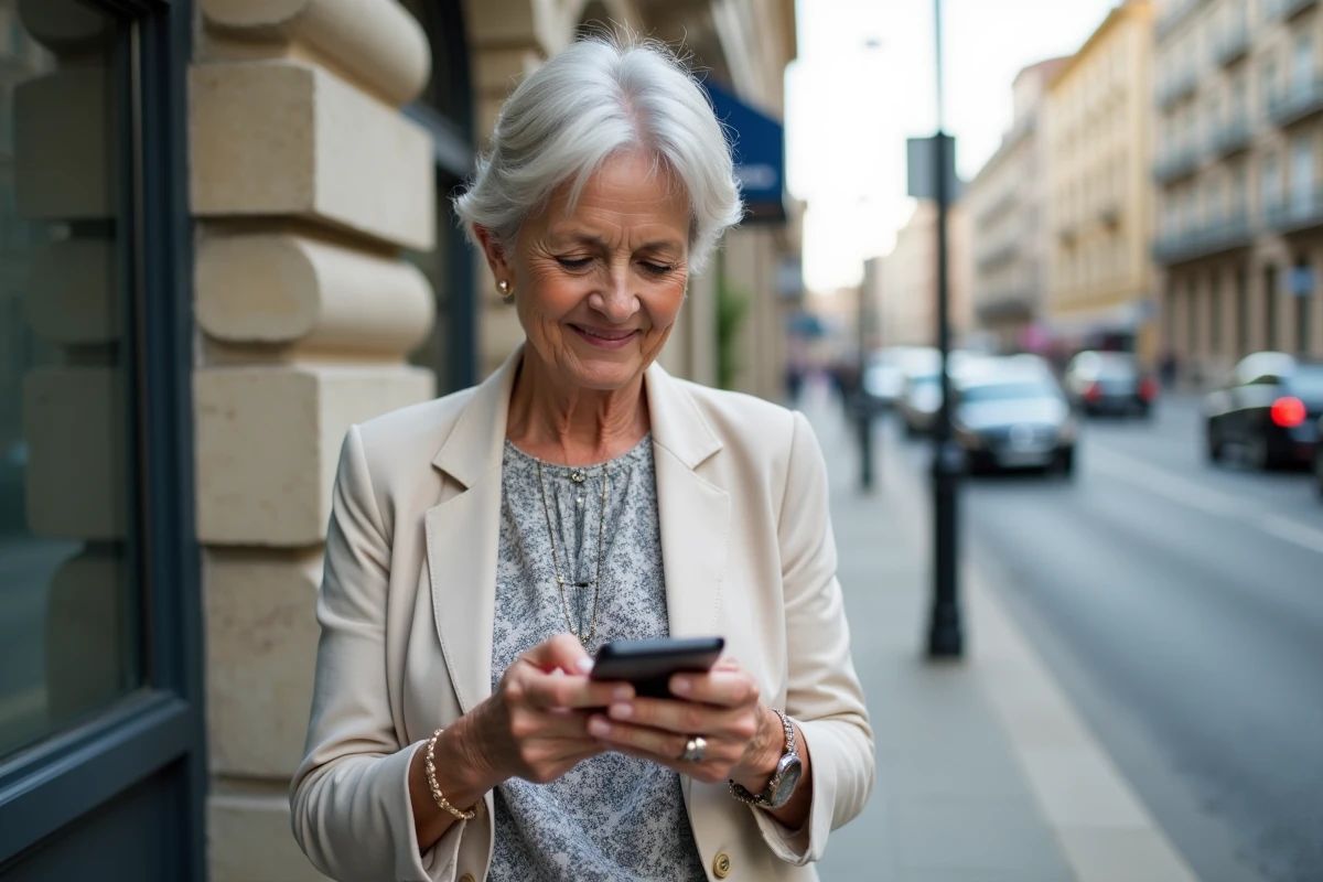 Femme lisant un article sur VPN en milieu urbain
