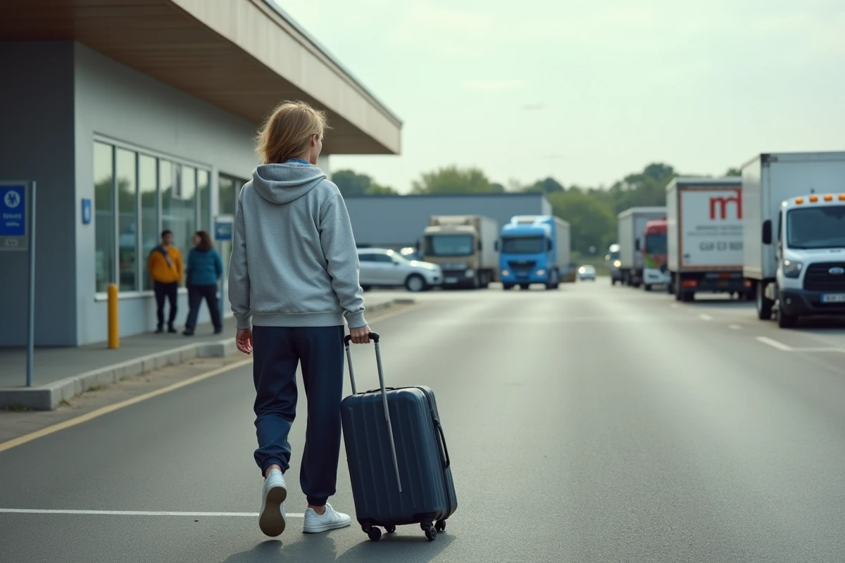 Femme de 40 ans avec valise se dirigeant vers une aire de repos autoroutière moderne dotée de douches