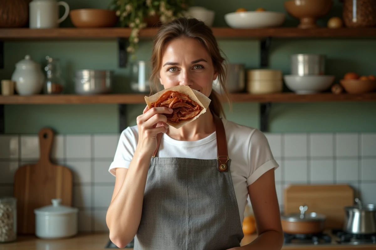 Femme vérifiant l'odeur d'un paquet de lardons ouvert dans une cuisine rustique pour évaluer leur comestibilité