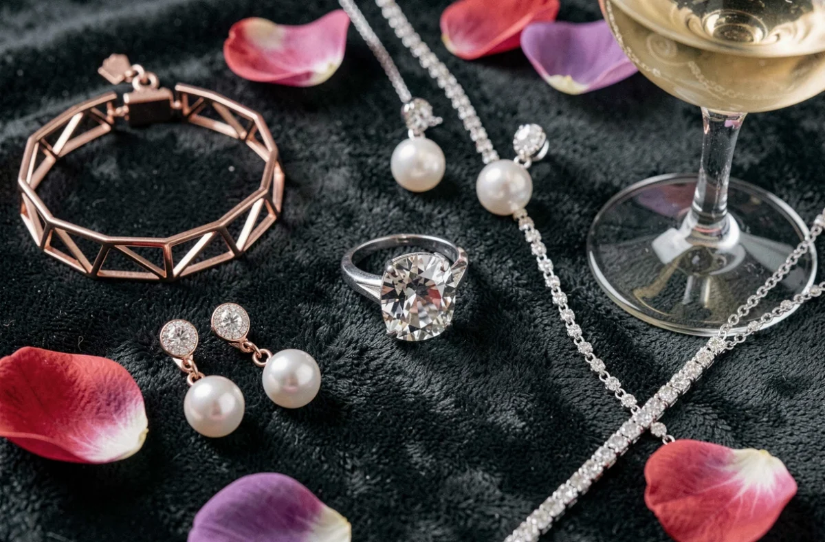 Flat lay de bijoux lumineux soirée incluant bracelet en or rose, boucles perles et bague cocktail sur velours sombre