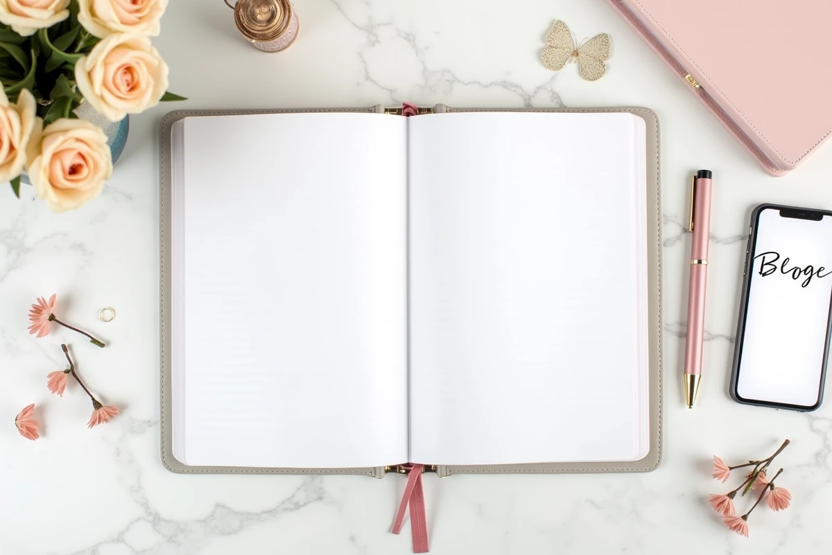 Flat lay d'un espace créatif avec agenda ouvert, smartphone affichant un blog et accessoires lifestyle sur marbre blanc